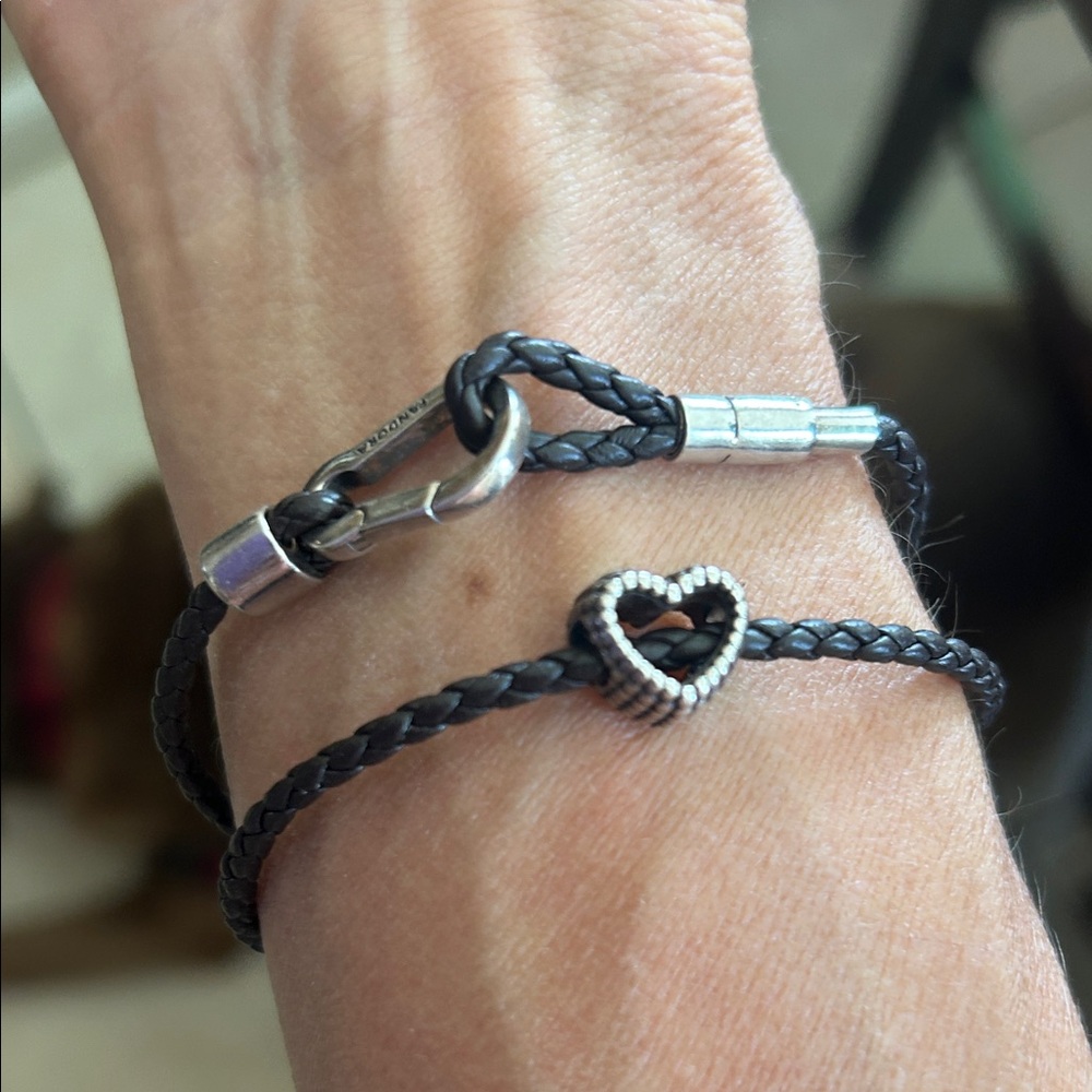 Pandora Double Braided Black Bracelet w Silver Clasp&Beaded Silver heart charm